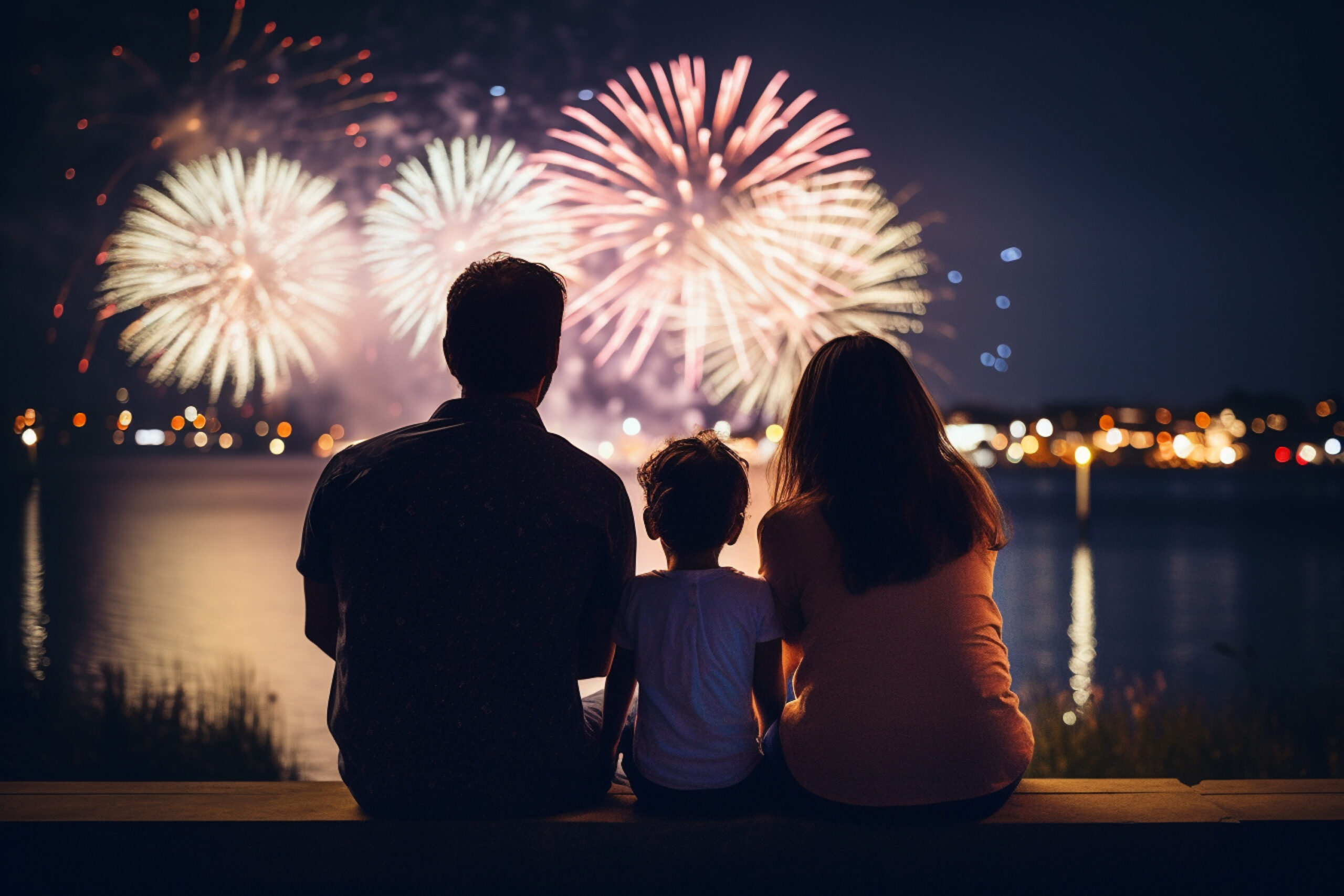 a family watching fireworks bokeh style background