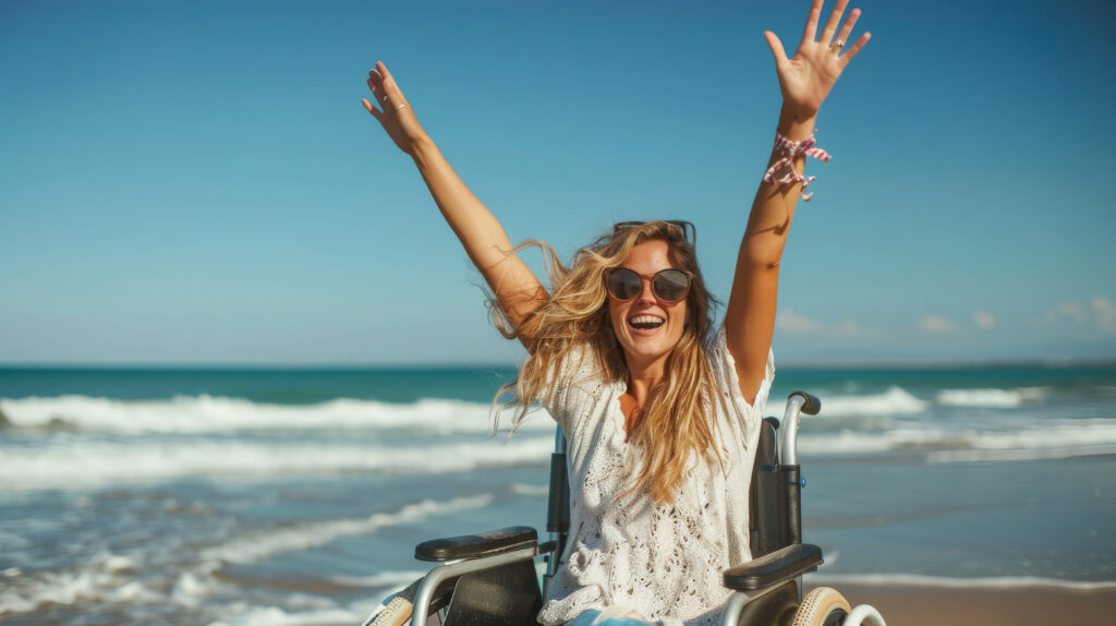 woman in a wheelchair traveling on vacation to the beach